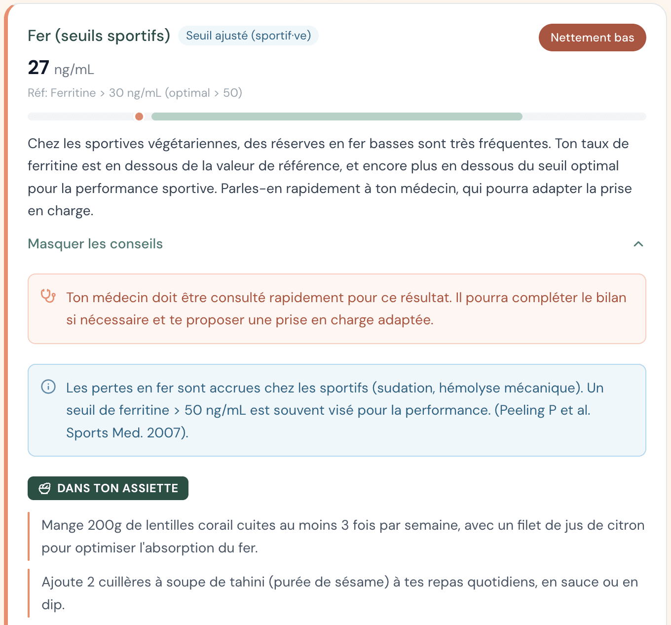 Exemple d'analyse détaillée d'un marqueur sanguin avec conseils personnalisés